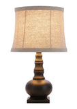This striking accent lamp features a slightly weathered black finish. A classic look for any room in the house. This little lamp adds the perfect touch to a powder room bedroom, living room, bookcase, or small accent table. Use it as a night light or accent light.   25-watt bulb not included.  15" H x 9.25" D with lampshade