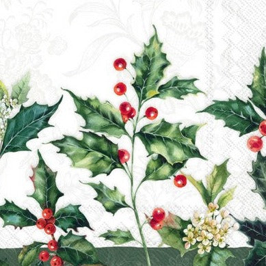 Tis the season for a pretty cocktail napkin! A white background with beautiful green holly & red berries will brighten the festivity!  Materials - Paper  20 per pkg: 3 ply - 5 x 5 in.