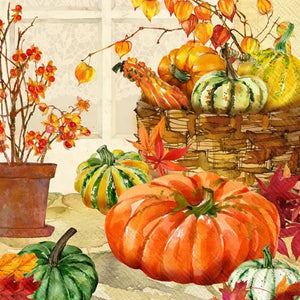 These fall cocktail napkins are gorgeous! Pumpkins, gourds, and fall foliage in bright oranges, yellows, and greens will look stunning at your next get-together.   Materials - Paper  20 per pk