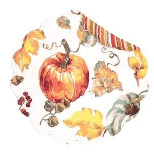 Welcome the changing of the season with this watercolor pumpkin placemat. It features a beautiful pumpkin and leaf design that reverses to a coordinating striped pattern for additional styling options. Perfect for adding a touch of warmth to any autumn-themed table setting, this cotton placemat is sure to be the highlight of your home decor this season!  Finished with a scalloped edge, this tabletop collection is crafted of 100% cotton and hand-guided machine quilting.