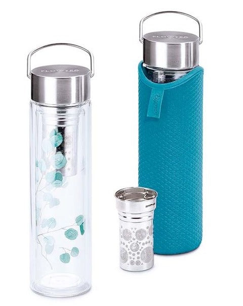 This is the prettiest Travel Tea Tumbler you'll ever see! The Flowtea® is a tea made of high-quality, double-walled borosilicate glass. The Flowtea® comes with a stainless steel sieve and a neoprene cover. There is a handle on the lid - making the Flowtea® a perfect companion on every trip.  9.4