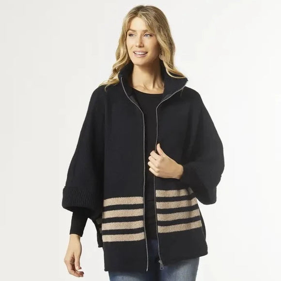 Cozy up with this oversized black zip-up sweater!  The detail of four taupe accented stripes around the bottom adds a cool touch to your outfit and will be a must-have for those cold-weather days!  Black/Taupe  Silver Zipper  One Size