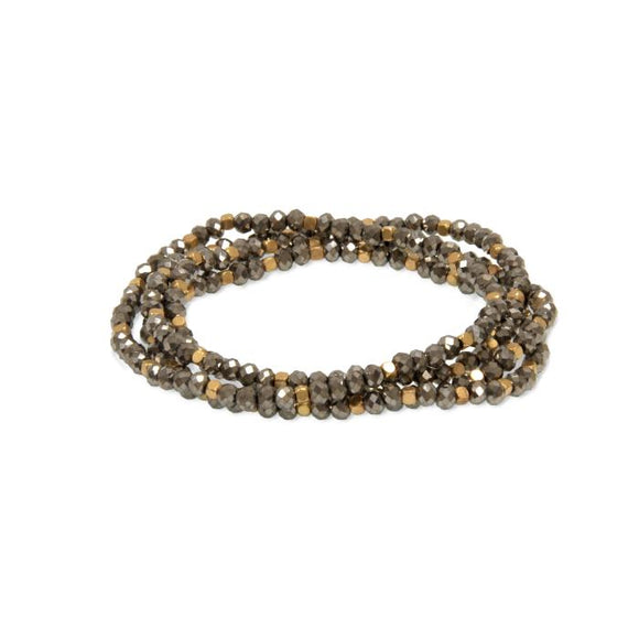 Mix these four grey and gold beaded stretch bracelets in with other bracelets of yours, or alone for some added sparkle to you outfit!