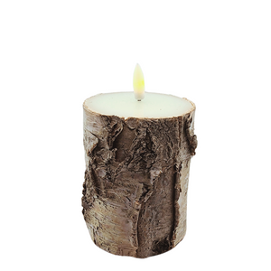 This absolutely gorgeous LED 4" pillar is covered in real bark. It has a realistic flickering 3D wick flame on a four—or six-hour timer that turns off automatically and repeats daily.

Battery life up to 360 hours&nbsp;


Indoor use only

Uses 2 C batteries (not included)