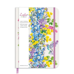 A beautiful journal to write your thoughts in! It is white with blue, purple, yellow, and pink flowers on the front with a hummingbird on the bottom right hand side.&nbsp; Purple elastic helps keeps it closed when you're not writing in it.