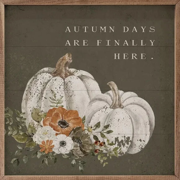 White pumpkins and fall florals in front of this beautiful mini artwork on an olive background. 