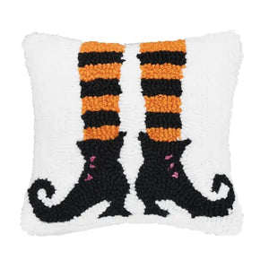 Everyone needs this pillow with Witch Feet on it for Halloween! With its orange & black striped stockings and curly black boots, it is the most adorable thing that you've seen!  We love its size! It is sure to bring fun to your pillow party and will mix nicely with the ones you already have! It will be sure to be a graveyard smash!   8″ x 8″ x 3″  Acrylic front, Cotton canvas backing, Polyester filling
