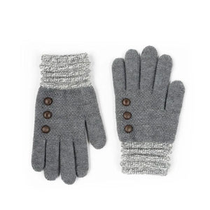 Say hello to the most comfortable gloves you'll ever own! These adorable grey gloves feature a coordinating ruched wrist cuff and wooden button accents. They are made of stretch knit with an unbelievably soft brushed knit interior.