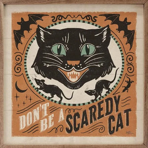 We just love the vintage look of these new art pieces! This black cat is surrounded by a white oval with two rats running below.  Bats line the top corner, and it says "Don't be a scaredy cat" below it in a block font!