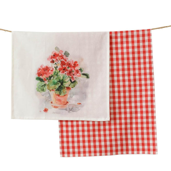 <p><span>We love the beautiful soft colors of pink and red in this gorgeous watercolor geranium tea towel!  Paired with this bright & happy red gingham checked towel, it will surely be a bright spot in your kitchen!</span></p> <p><span>