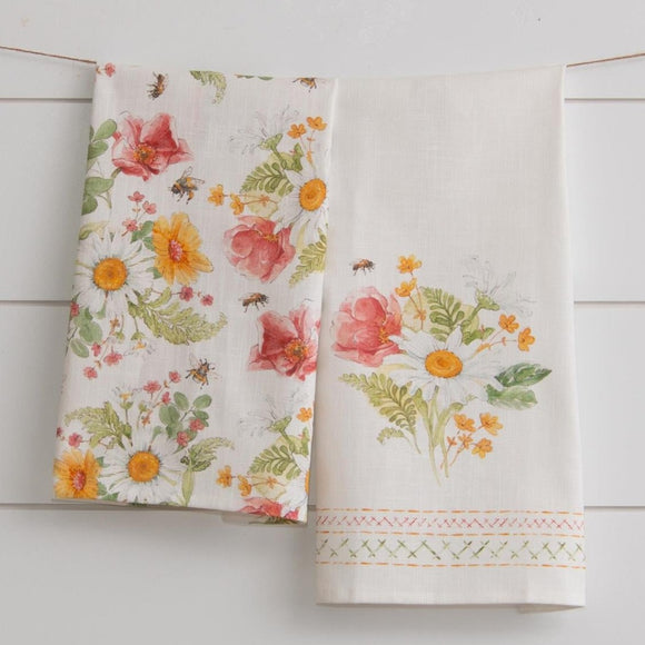 Happiness is a pretty pair of tea towels in your kitchen! We love the pink and yellow flowers scattered in with white daisies and bumble bee patterns.  One towel has a pattern all over it; the other has a bouquet of flowers with a sweet faux embroidery print along the bottom.  27