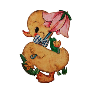 This adorable vintage duck is ready for spring! He's taking a walk with his pink tulip umbrella tied with a blue and white checked bow. Hang it up, or lean him against a big easter basket handle with grass at his feet - he will bring a vintage flair to your spring decor this year!  19" H x 12.5" W  Iron