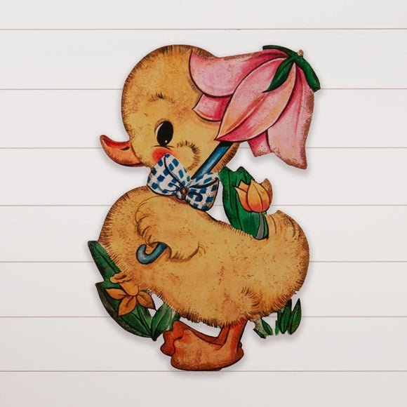 This adorable vintage duck is ready for spring! He's taking a walk with his pink tulip umbrella tied with a blue and white checked bow. Hang it up, or lean him against a big easter basket handle with grass at his feet - he will bring a vintage flair to your spring decor this year!  19