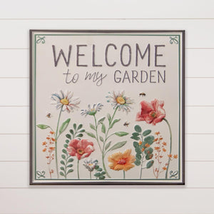 Welcome everyone into your garden, your porch, garage, or home with this happy "Welcome to my garden" sign! Made of meta; it has a white background with pink, yellow, and white flowers and their green leaves.  It will bring cheer to any spot inside or outside your home!  Metal  16" H x 16" W
