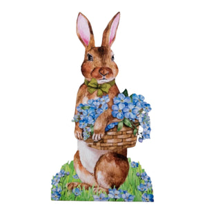 Celebrate spring with this adorable brown bunny holding a basket full of blue flowers. He will look too cute in the entryway or on a covered porch, ready to greet everyone!  MDF  28" H x 15" W