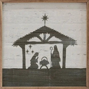 Here is a sweet silhouette of the nativity scene. The background is distressed cream, and the silhouette is greyed brown with a wooden frame surrounding it.  It is made from high-quality American hardwood planks with a hand-painted face, printed with UV-cured ink, and framed in a natural walnut frame. Each piece is unique with its own personality, marks, wood grain, and look. Easy to clean with a dry cloth.  Made in the USA  4" x 4" x 1"