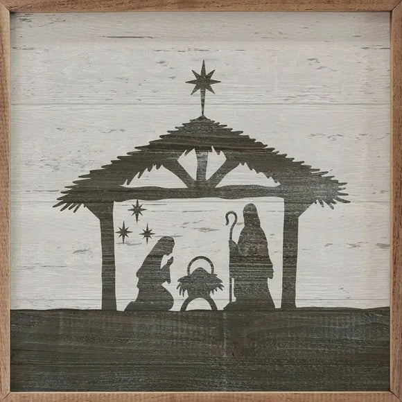 Here is a sweet silhouette of the nativity scene. The background is distressed cream, and the silhouette is greyed brown with a wooden frame surrounding it.  It is made from high-quality American hardwood planks with a hand-painted face, printed with UV-cured ink, and framed in a natural walnut frame. Each piece is unique with its own personality, marks, wood grain, and look. Easy to clean with a dry cloth.  Made in the USA  4