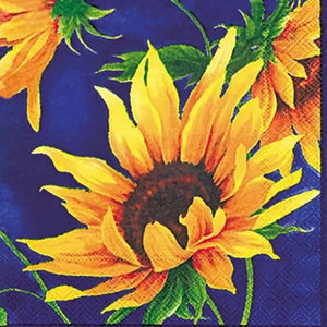 Be the Hostess with the Mostess at your next gathering with these darling cocktail napkins, which have stunning yellow sunflowers on a royal blue background!  20 per pkg: 3 ply - 5 x 5 in.