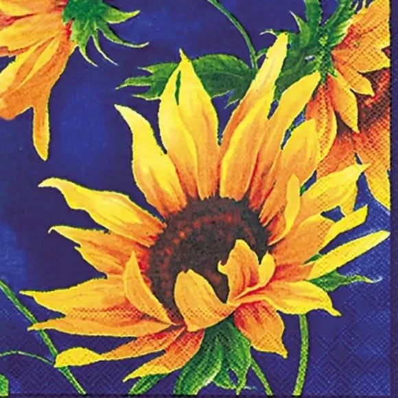 Be the Hostess with the Mostess at your next gathering with these darling cocktail napkins, which have stunning yellow sunflowers on a royal blue background!  20 per pkg: 3 ply - 5 x 5 in.