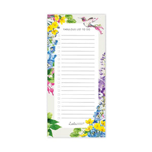 Stay organized and keep on track with our "Fabulous List To Do" magnetic pad! This high-quality notepad has 52 tear-off pages and a beautiful, colorful botanical hummingbird design.  52 Pages.  Approximately 4"W x 8.25"H