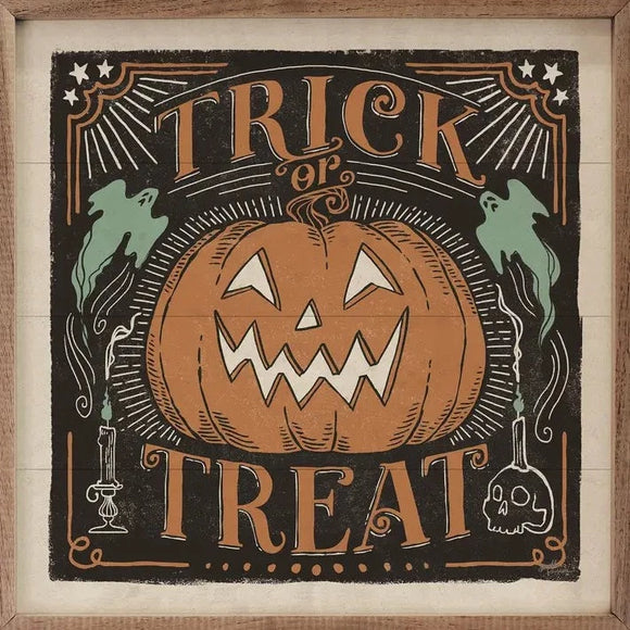 You'll love this Trick or Treat mini sign by Janelle Penner! A jack-o-lantern sits front and center with 