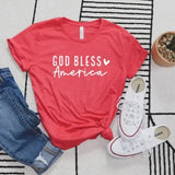 Our "God Bless America" will be your favorite t-shirt this summer! It is a bright red color with "God Bless America" written in a white mixed font with a heart to the right of "God Bless." 