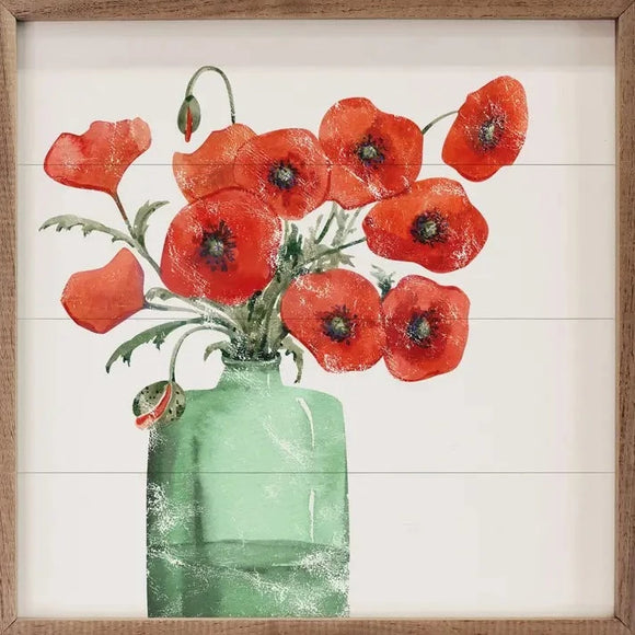 Bright & HAPPY red poppies are in a green glass vase. If you are looking for a pop of color and a lot of happiness, this picture is for YOU!  This unique piece is a simple way to bring beauty and charm to any wall or shelf within the home. It is made from high-quality American hardwood planks with a hand-painted face, printed with UV-cured ink, and is framed in a natural walnut frame.
