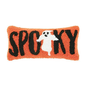 Everyone needs a little SPOOKY Ghost pillow for Halloween! With its orange background and the word SPOOKY in black, a little white ghost makes the second 'O' and is the most adorable thing that you've seen!  We love its size! It is sure to bring fun to your pillow party and will mix nicely with the ones you already have! It will be sure to be a graveyard smash!   16″ x 12″ x 3″  Acrylic front, Cotton canvas backing, Polyester filling