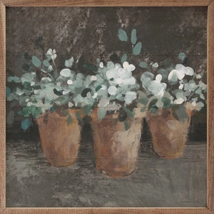 Three watercolor white geraniums in terra cotta pots grace a black background in this picture. It is absolutely stunning!!   This unique piece is a simple way to bring beauty and charm to any wall or shelf within the home. It is made from high-quality American hardwood planks with a hand-painted face, printed with UV-cured ink, and is framed in a natural walnut frame.