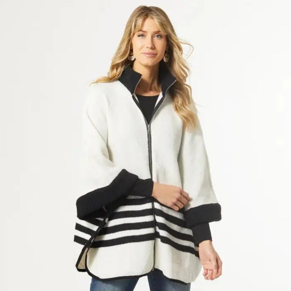 Cozy up with this oversized white zip-up sweater!  The detail of four black accented stripes around the bottom and then the black collar and cuffs add a cool touch to your outfit and will be a must-have for those cold-weather days!  Black/Off White  Silver Zipper  One Size