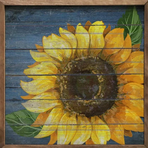 Sunflowers are the happiest flower, don't you think?  You'll love setting this little sunflower print with a denim background and wooden frame!  It is made from high-quality American hardwood planks with a hand-painted face, printed with UV-cured ink, and framed in a natural walnut frame. Each piece is unique with its own personality, marks, wood grain, and look. Easy to clean with a dry cloth.  Made in the USA  4" x 4" x 1"