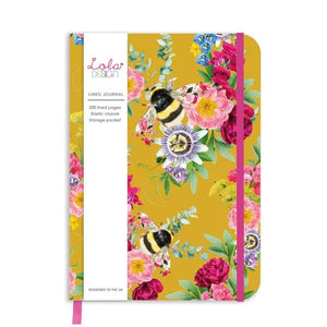 A beautiful journal to write your thoughts in! It is yellow with blue, yellow, white, and pink flowers on the front, with some bumblebees among the flowers.&nbsp; Dark pink elastic helps keep it closed when you're not writing. It also has a dark pink ribbon bookmark attached to help you keep track of where you are at!