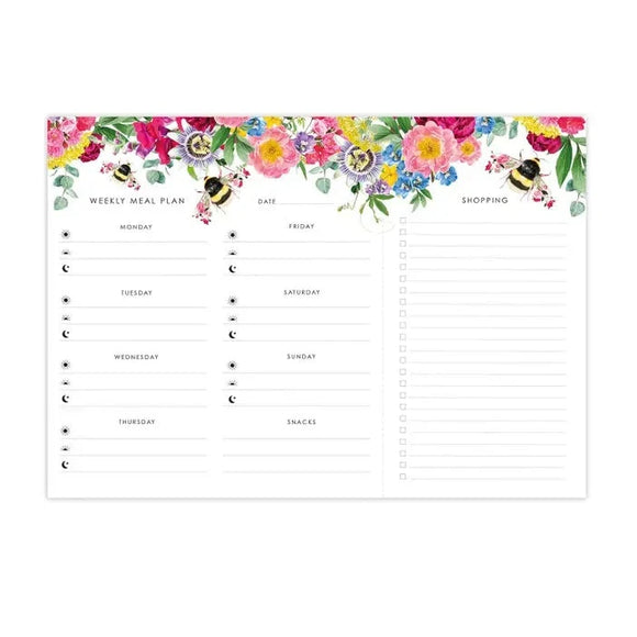 Plan breakfast, lunch, and dinner each day of the week with this beautiful and functional floral bee meal planner! It has a perforated tear strip shopping list and can be mounted straight to your fridge with the magnetic strip fitted on the back of the planner. It has 52 sheets of high quality sustainably sourced paper and cardboard backing. Designed and printed in the UK. The perfect gift for the foodie in your life, or someone who loves to be organized!