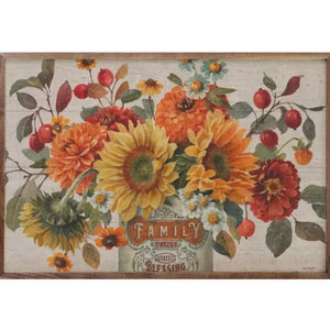 In brilliant oranges and reds, sunflowers and berries are in a container that says "Be Grateful Today & Every Day" on it by artist Lisa Audit.  An apple sits to the right of the container.  You'll love tucking this in your fall decor! 8"x5"