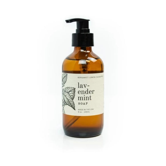 This lavender mint hand soap is a spin on the classic lavender scent. Hints of garden mint tone the bold fragrance of lavender and is complimented with a touch of lemon, eucalyptus, and bergamot oil.  Amber glass bottle with black plastic lid and pump.   Scent notes: Bergamot | Lemon | Eucalyptus Lavender Mint