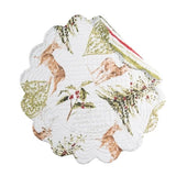 This beautiful placemat is our favorite winter placemat!  It features painterly-style reindeer, trees with berries, and holly sprigs that will bring joy all winter long! This quilted cotton placemat also reverses to a modern red and green stripe for even more versatile styling options.  Finished with a scalloped edge, this placemat is crafted of 100% cotton and hand-guided machine quilting.  Machine wash cold and tumble dry low for easy care.  17"L x 17" W x 0.3" H