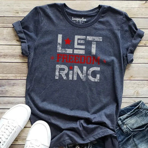 <p><span data-mce-fragment="1">We love this navy tee with "Let Freedom Ring" in white distressed lettering. "Freedom" is in red, and the letters are adorned with four distressed red stars.</span></p> <p><span data-mce-fragment="1"> </span><span data-mce-fragment="1">Printed&nbsp;direct-to-fabric printing for a soft design that won't crack or peel. The shirts are soft Bella and Canvas unisex fashion-fit tees that fit like a well-loved favorite, featuring a crew neck and short sleeves.</span></p>