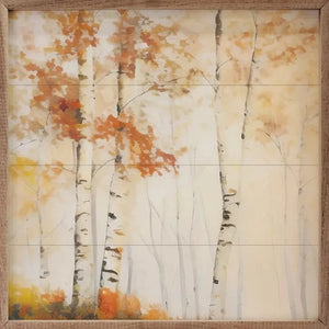 This stunning picture of three birch trees on a whitewashed background has the softest colors of oranges and yellows.   It is made from high-quality american hardwood planks with a hand painted face, printed with UV-cured ink, and is framed in a natural walnut frame. Each piece is unique with its own personality, marks, wood grain, and look. Easy to clean with a dry cloth.  16″ x 16″ x 1.5″
