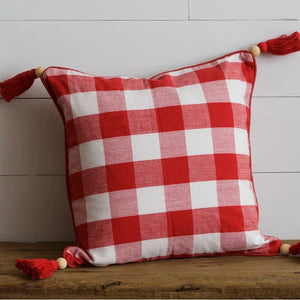 Check cute pillows off of your list!  We are smitten with this red and white checked pillow with red tassels on the corners with a natural bead accent.   16.5" x 16.5"  Cotton, Polly Fiber