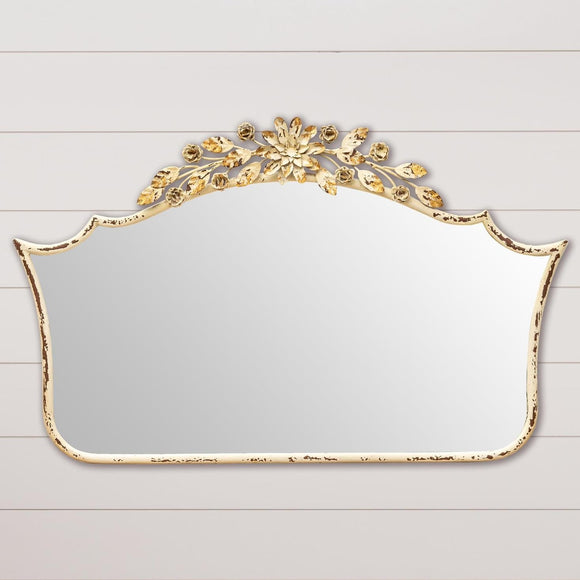 This French-inspired mirror is gorgeous! It will bring a little romance into your home with its metal floral garland above the center. It would look wonderful above a dresser or a tall, narrow table in your hallway. Its cream finished is distressed, and a bit of the rusty iron shows through - beautiful!  20