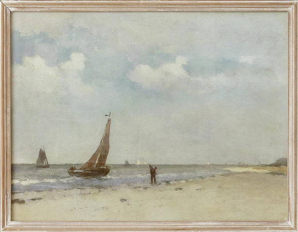 We love that this artwork is very impressionistic in its painting style, giving it a dreamy look that makes you think you are on vacation! You first notice the blue skies that are covered in clouds, then the sailboats in the water. You then notice the gentleman walking the beach and you wonder what he is up to! The natural frame has been rubbed with a white finish.  20