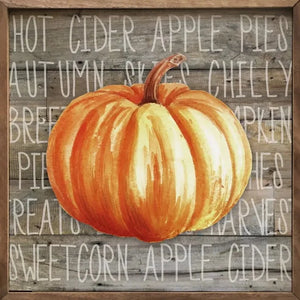 You'll love this pretty orange pumpkin on top of a background of fall words!  Behind the pumpkin are words like cider, apple pie, autumn skies, chill, pumpkin, sweet corn, apple cider, and more!