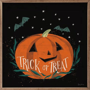We love the vintage look of these new art pieces! An adorable orange Jack-O-Lantern sits in the center on a black background. The words "Trick or Treat" are written below Jack's smile. There are stars and bats above.