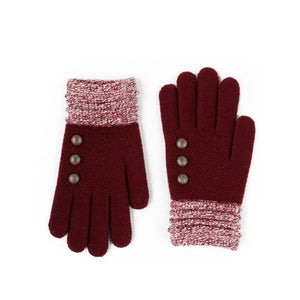 Say hello to the most comfortable gloves you'll ever own! These adorable wine-colored gloves feature a coordinating ruched wrist cuff and wooden button accents. They are made of stretch knit with an unbelievably soft brushed knit interior.