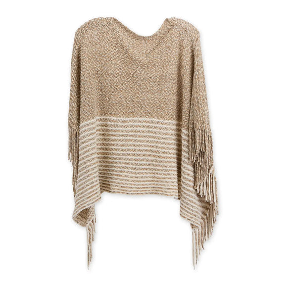 You're going to love how soft our beige Amber Chenille Poncho is! It's a great mid-weight layer designed for comfort and versatility that is crafted in plush chenille, it provides cozy warmth without added weight—ideal for transitional seasons or cool indoor settings. The relaxed boat neckline and loose sleeves offer ease of wear, while marled yarns fade into subtle stripes for a flattering, tonal effect. Finished with a 5.5