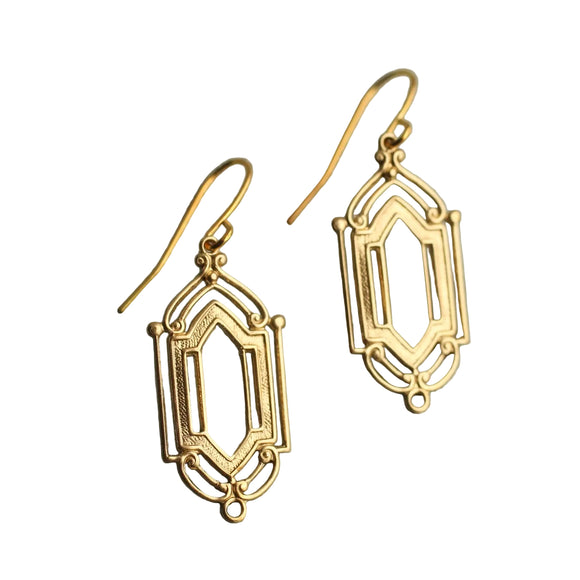 These great earrings are made from a beautiful golden brass and feature a graduated art deco design. They have the most wonderful, intricate detailing.

The earrings measure just over an inch in length.