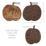 Add warm artisan charm to your autumn displays with this free-standing carved wood pumpkin featuring an intricate botanical vine design and rich stained mango wood finish. The dimensional carved detailing and organic silhouette create a collected heirloom look perfect for farmhouse, cottage, rustic, and vintage-inspired seasonal decor.&nbsp;

14"W x 14"H x 1.5"D&nbsp;

Material: Mango Wood Color: Dark Brown

Care: Wipe Clean