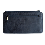 This slim and sleek wallet has nine credit card pockets, each with a snap tab for security and brass-plated hardware. It also features an ID window, a zippered change pocket, and a zippered billfold pocket in classic teal vegan leather.


DIMENSIONS: 3.75 IN. H X 7.25 IN. W X .25 IN. D&nbsp;


100% Vegan leather (polyurethane)