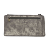 This slim and sleek wallet has nine credit card pockets, each with a snap tab for security and brass-plated hardware. It also features an ID window, a zippered change pocket, and a zippered billfold pocket in metallic dark chrome vegan leather.


DIMENSIONS: 3.75 IN. H X 7.25 IN. W X .25 IN. D&nbsp;


100% Vegan leather (polyurethane)