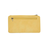 This slim and sleek wallet has nine credit card pockets, each with a snap tab for security and brass-plated hardware. It also features an ID window, a zippered change pocket, and a zippered billfold pocket in sunshine yellow vegan leather.


DIMENSIONS: 3.75 IN. H X 7.25 IN. W X .25 IN. D&nbsp;


100% Vegan leather (polyurethane)